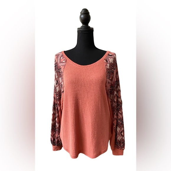 Almost Famous: Coral  Rayon Mix Long Sleeve Top with Patterned Sleeves - Picture 1 of 17